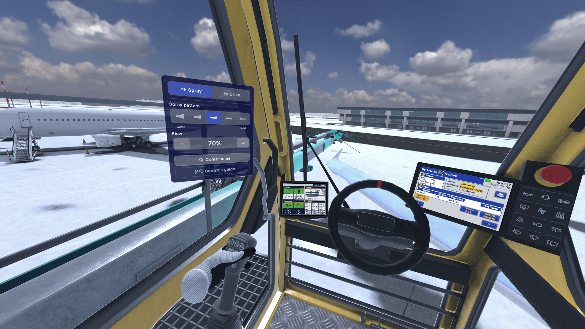 Operator cabin view with the spray menu and flow control