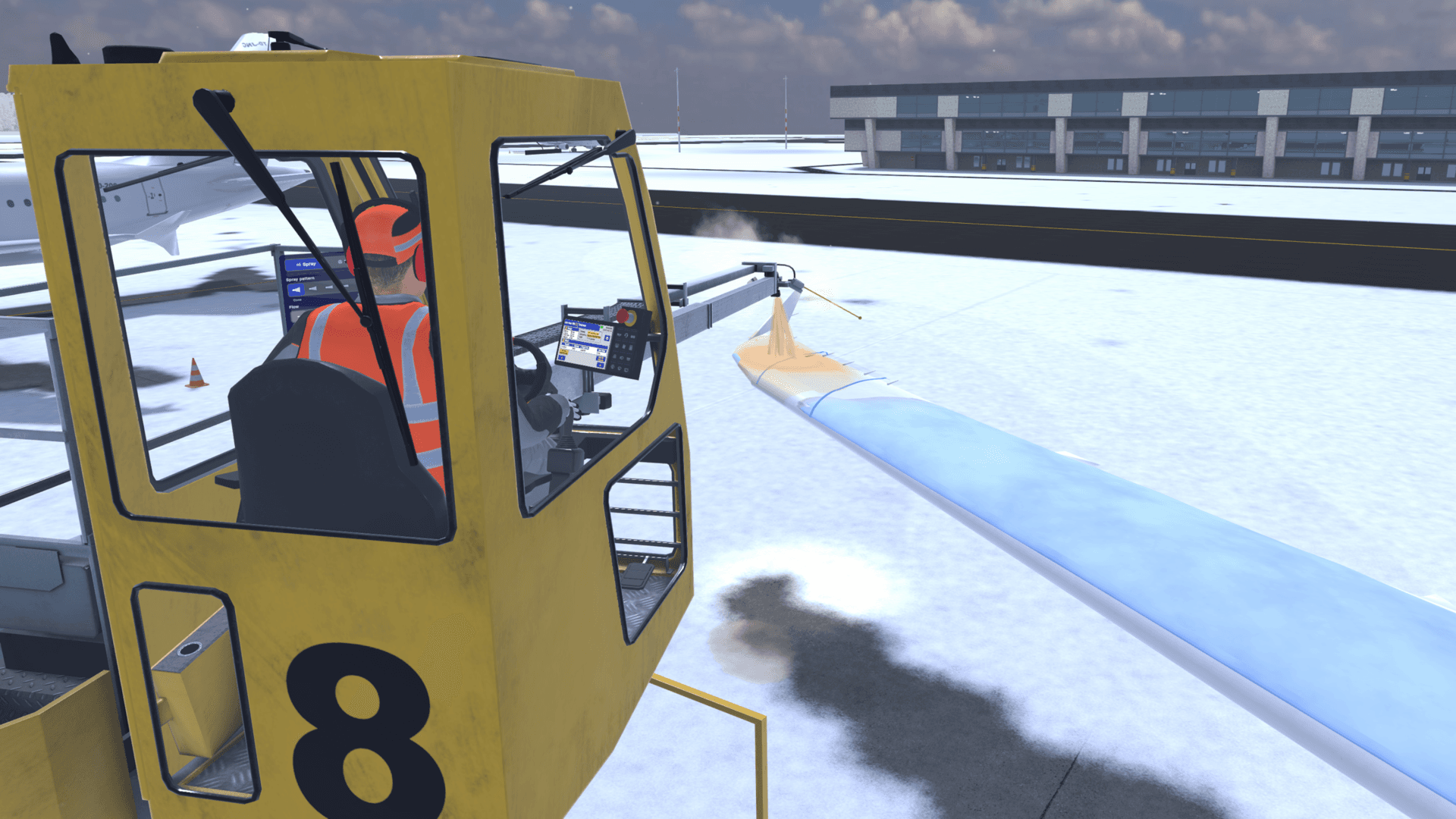 De-icing fluid being sprayed on the wing tip from the cabin