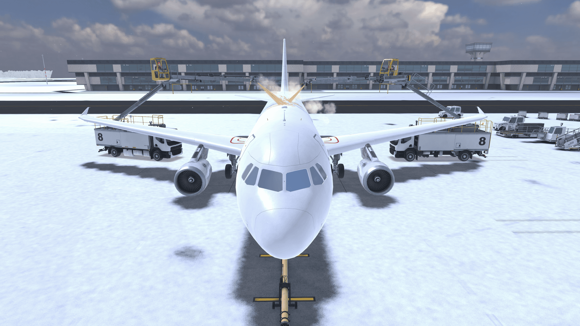 Two de-icers working on both sides of an Airbus A320, seen from the front